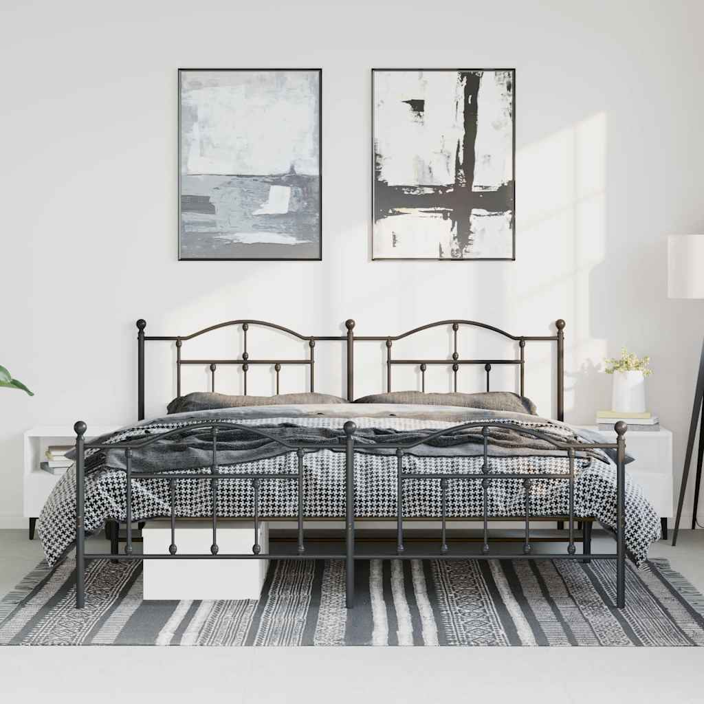 Black Metal Bed Frame with Footboard - 183x213cm, No Mattress