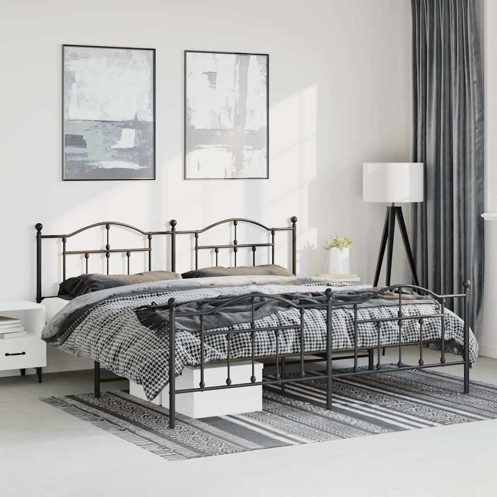 Black Metal Bed Frame with Footboard - 183x213cm, No Mattress