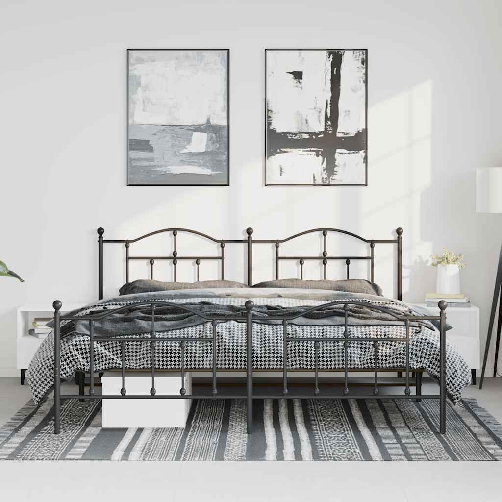 Black Metal Bed Frame with Footboard, 193x203cm - No Mattress Included