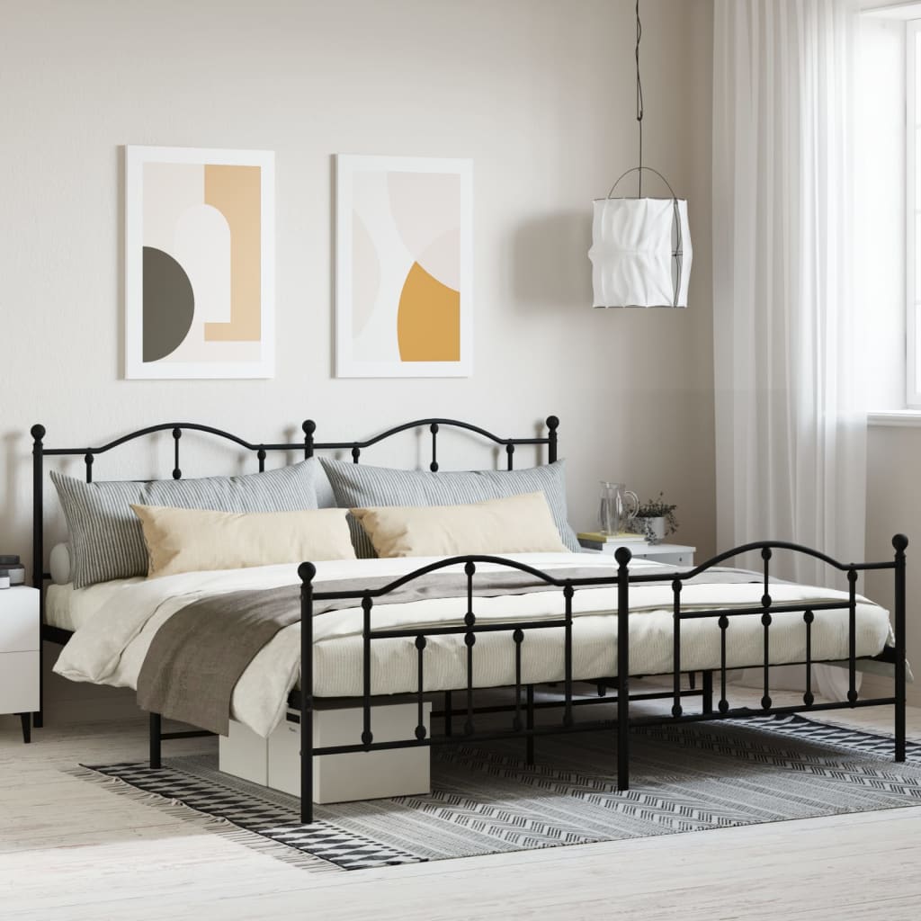 Black Metal Bed Frame with Footboard - Sturdy Design, 200x200cm
