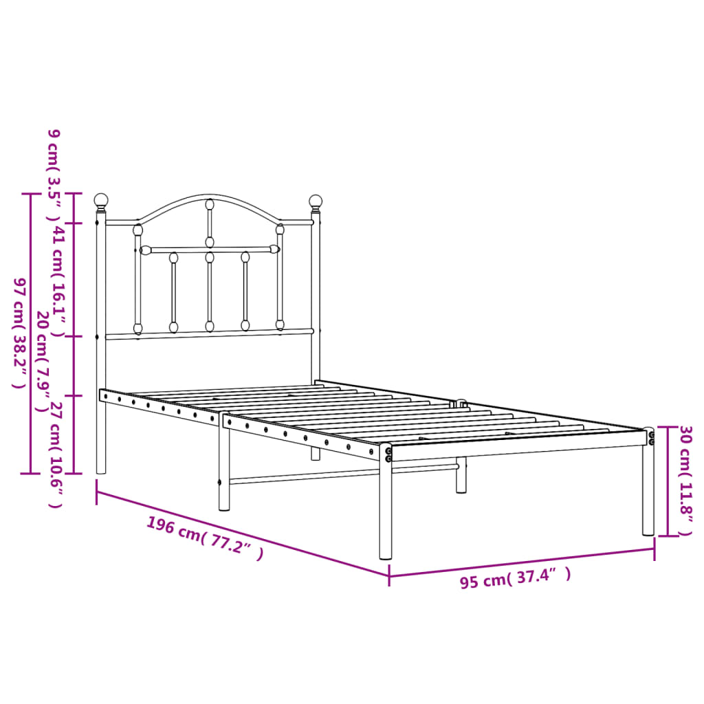 White Metal Bed Frame with Headboard 90x190cm - No Mattress Included