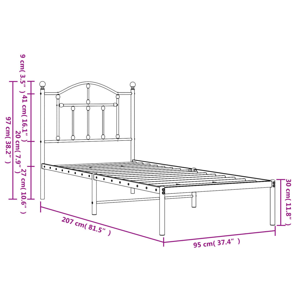 White Metal Bed Frame with Headboard 90x200cm - No Mattress Included
