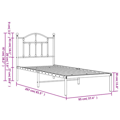 White Metal Bed Frame with Headboard 90x200cm - No Mattress Included