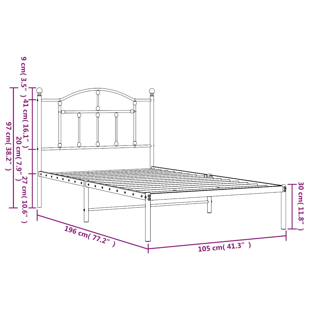 White Metal Bed Frame with Headboard - 100x190cm, No Mattress