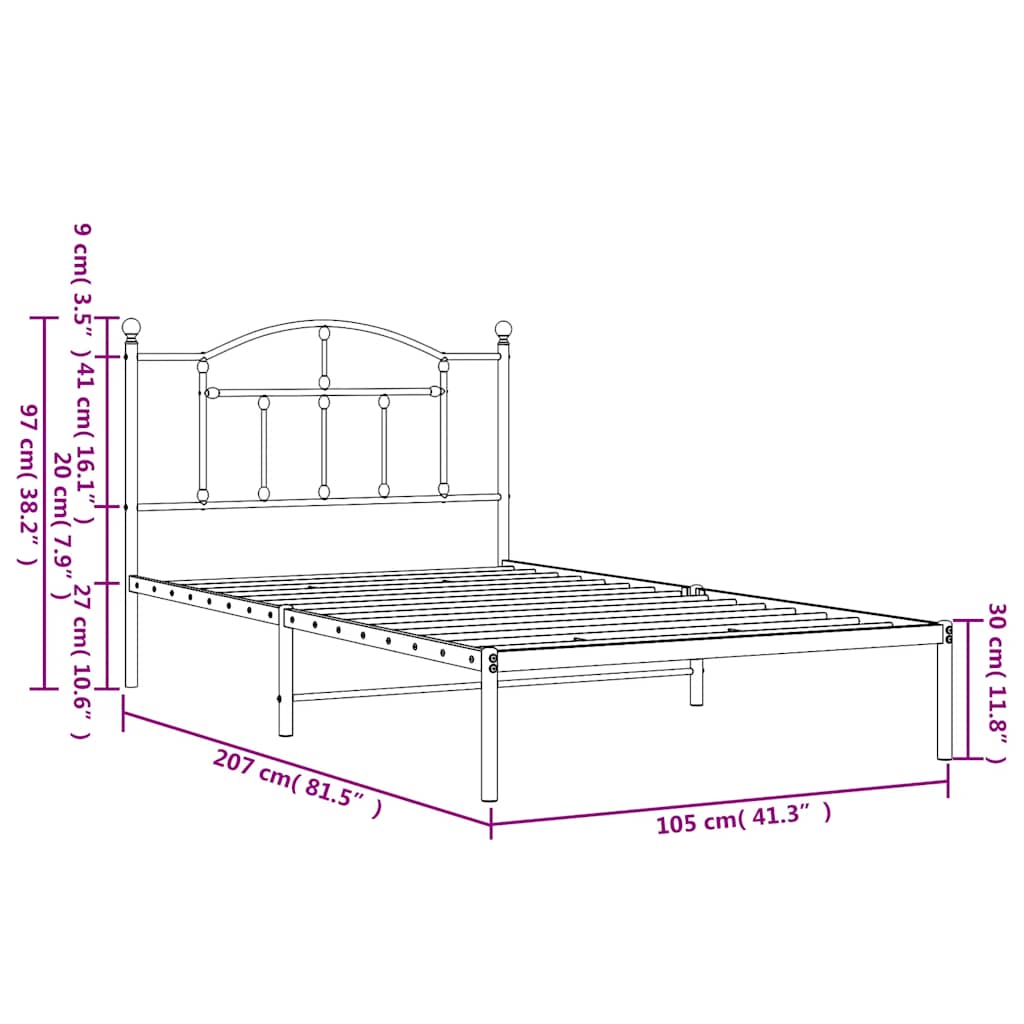 White Metal Bed Frame with Headboard 100x200cm - No Mattress