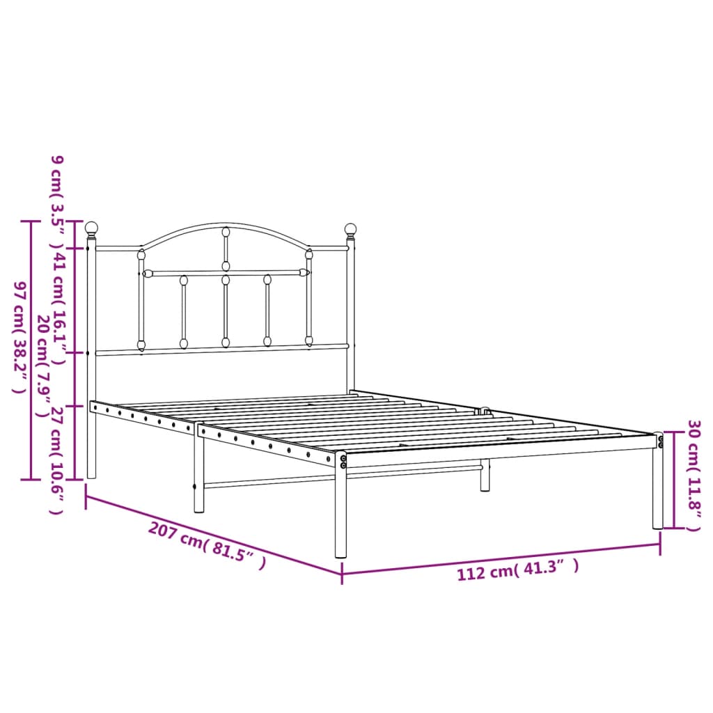 White Metal Bed Frame with Headboard - 107x203cm, No Mattress Included