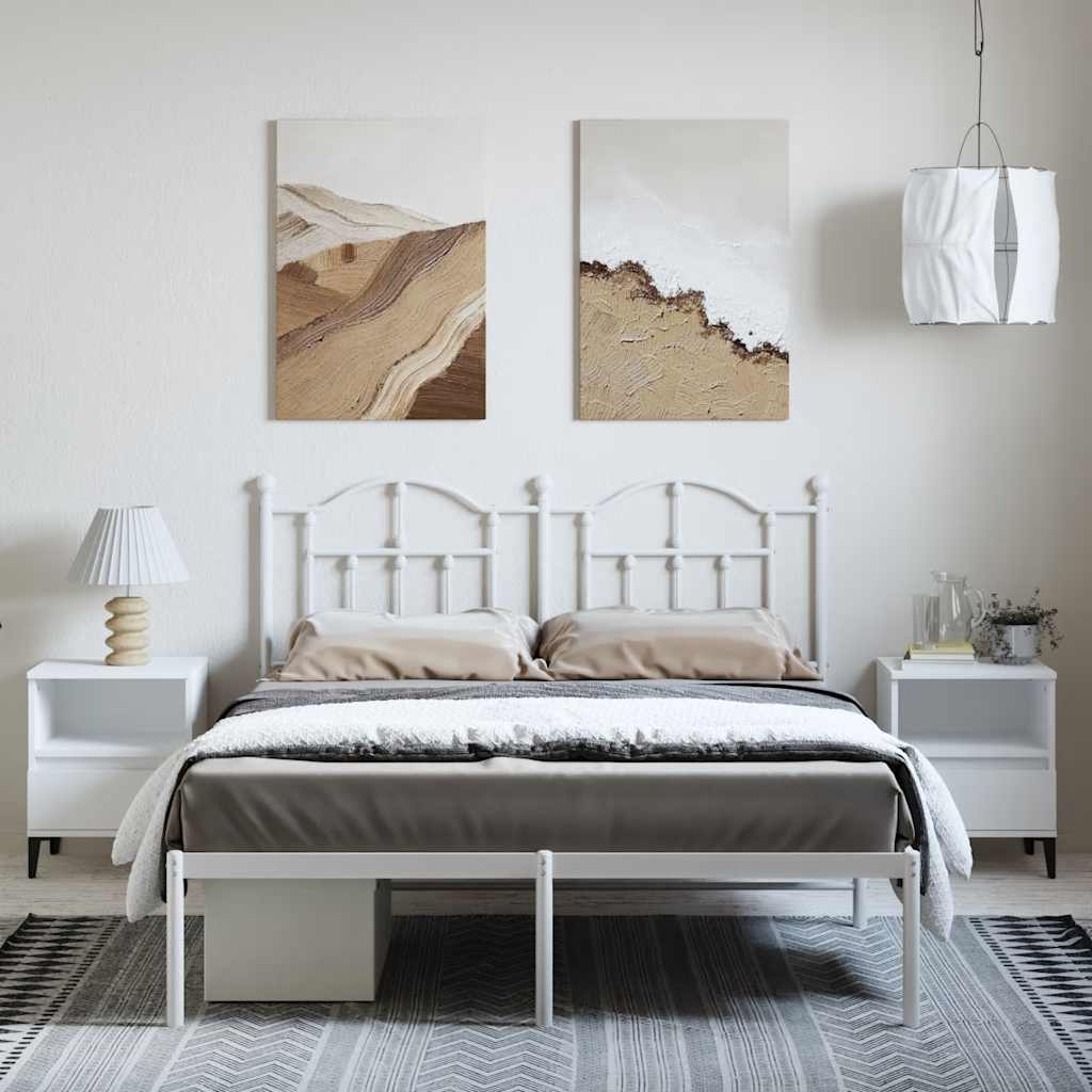 White Metal Bed Frame with Headboard, 135x190cm, No Mattress