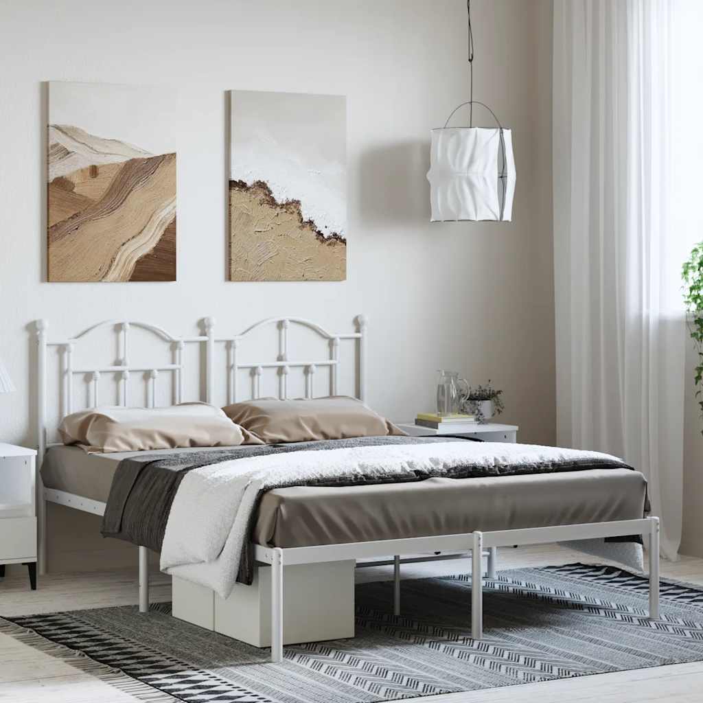 White Metal Bed Frame with Headboard, 135x190cm, No Mattress