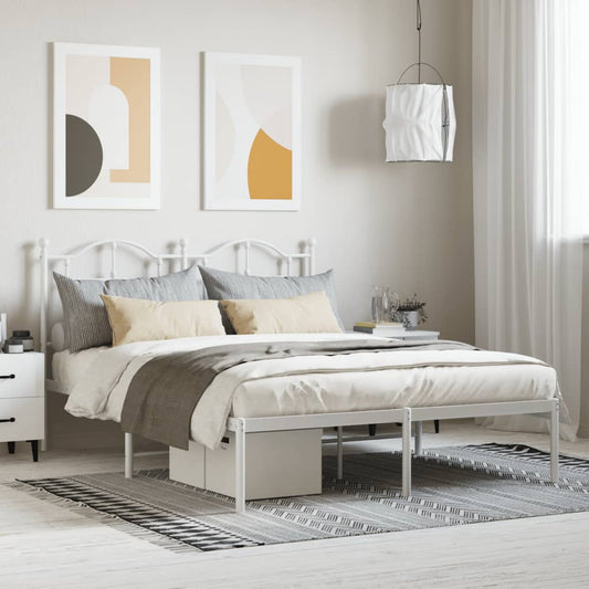 White Metal Bed Frame with Headboard, 140x200cm - Elegant Design