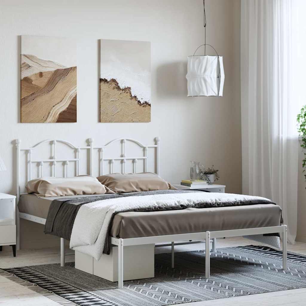 White Metal Bed Frame with Headboard 150x200cm - No Mattress Included