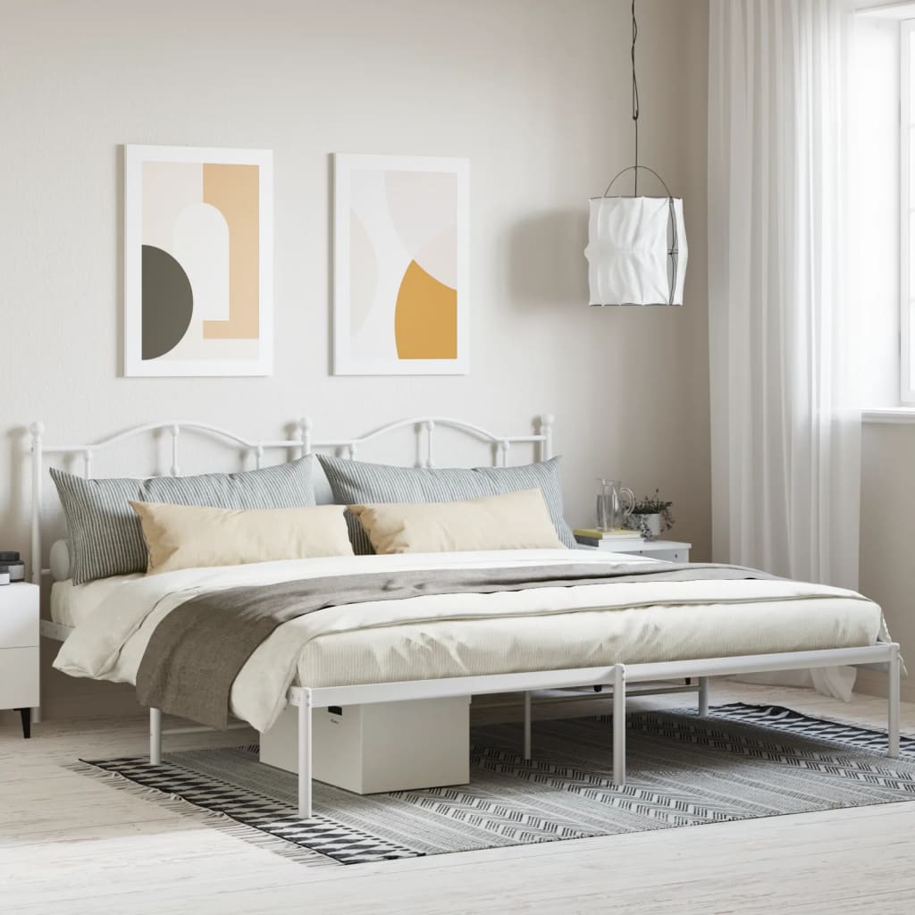 Stylish White Metal Bed Frame 200x200cm with Headboard - No Mattress