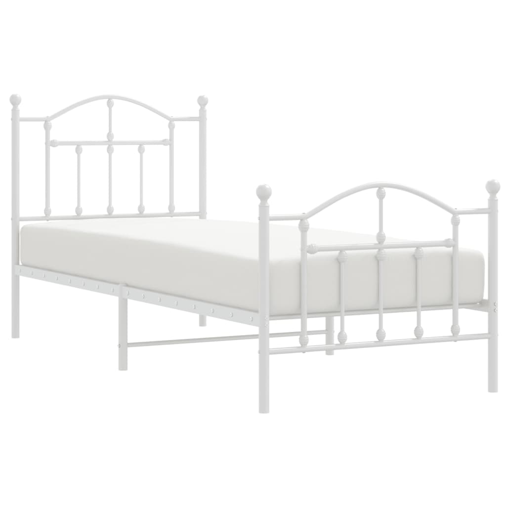 White Metal Bed Frame with Footboard - 90x190cm, No Mattress