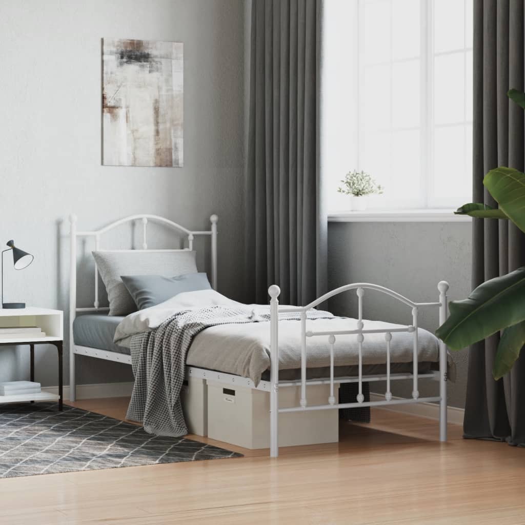 White Metal Bed Frame with Footboard - 90x190cm, No Mattress