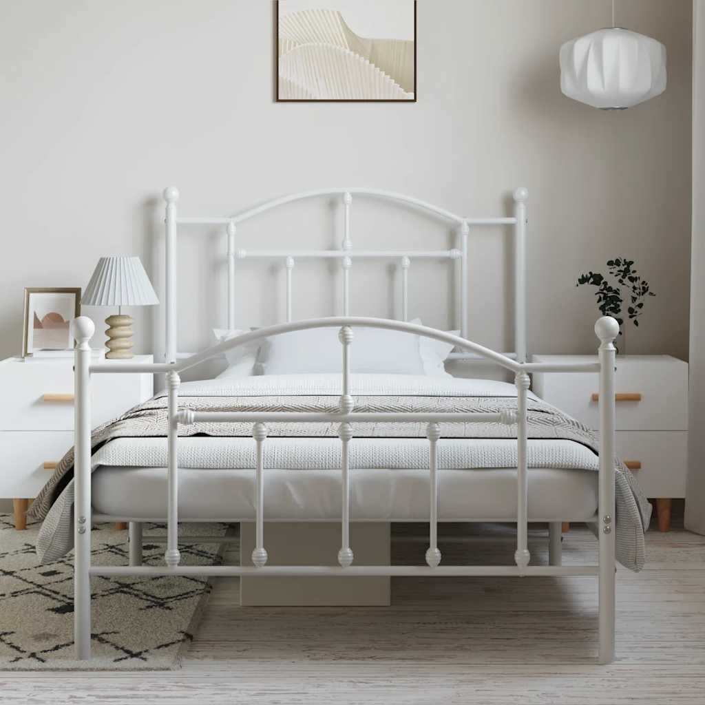 White Metal Bed Frame with Footboard, 100x190cm - No Mattress