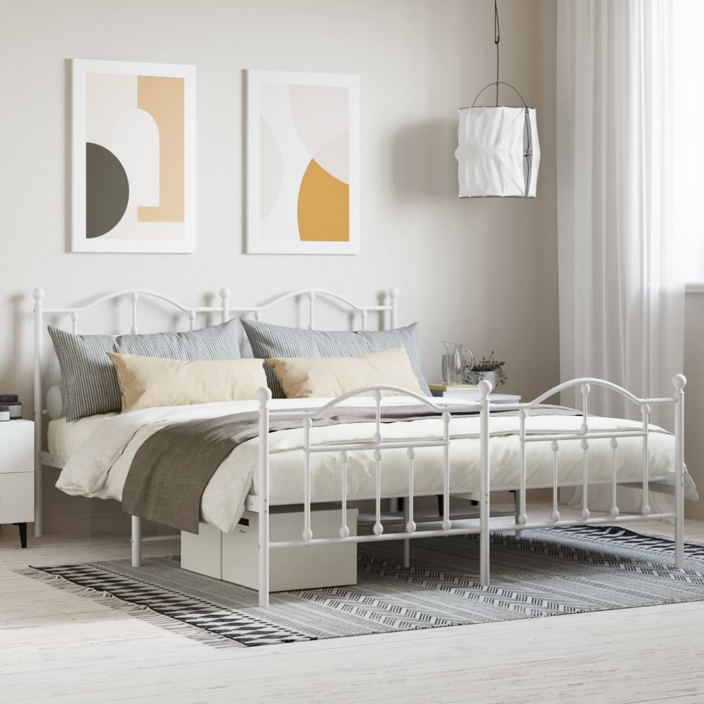 White Metal Bed Frame with Footboard, 180x200cm, Sturdy Design