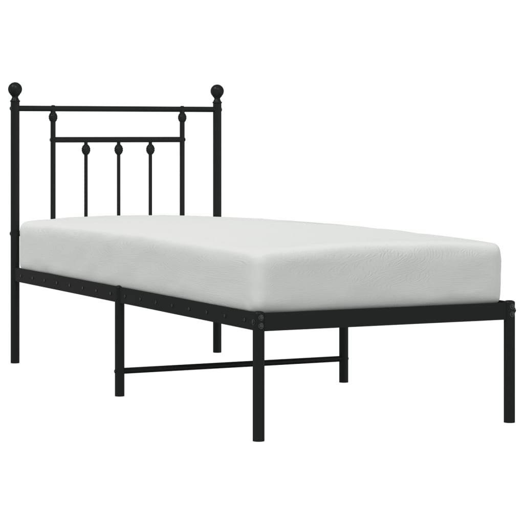Sturdy Black Metal Bed Frame with Headboard, 75x190 cm