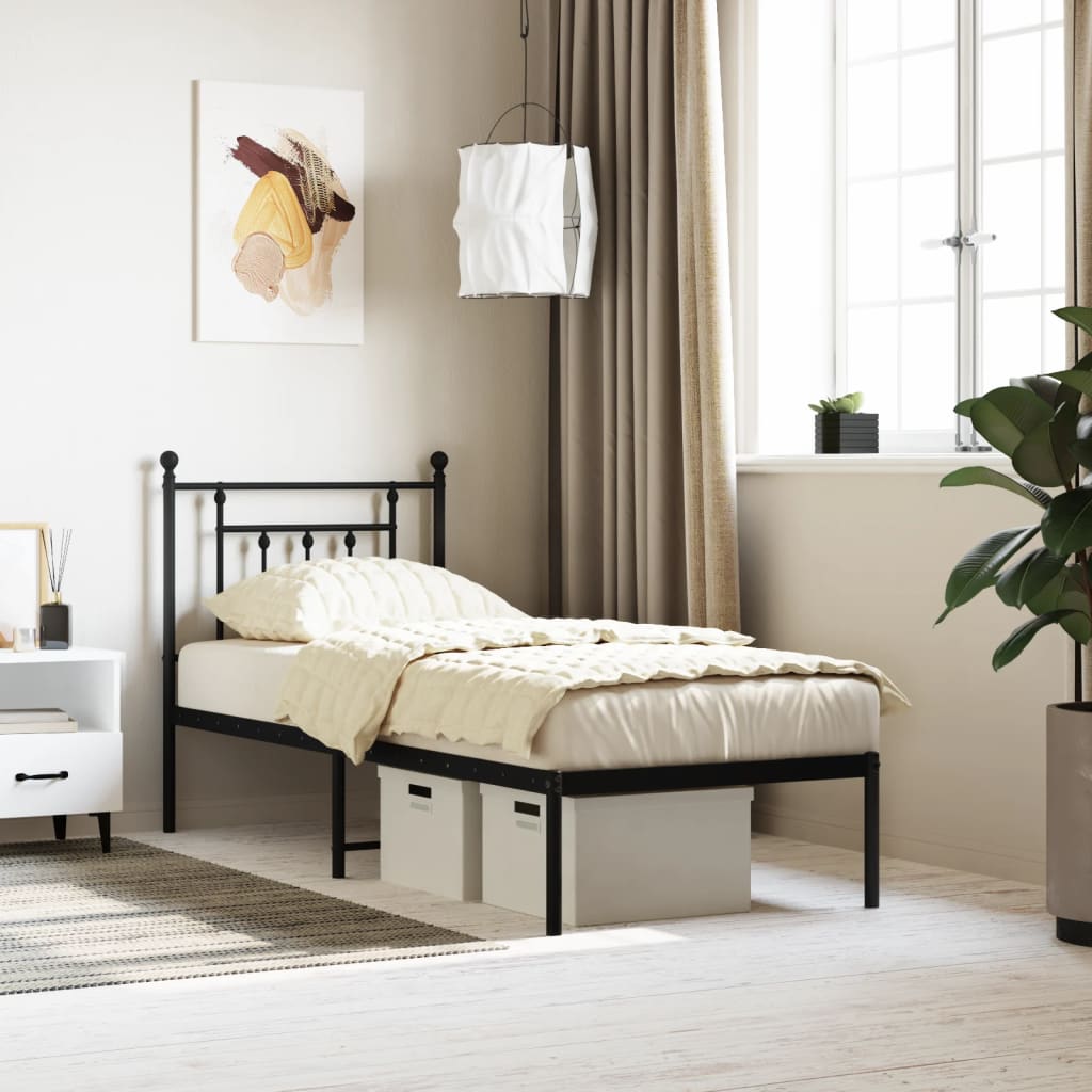 Sturdy Black Metal Bed Frame with Headboard, 75x190 cm