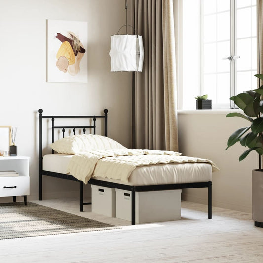 Sturdy Black Metal Bed Frame with Headboard, 75x190 cm