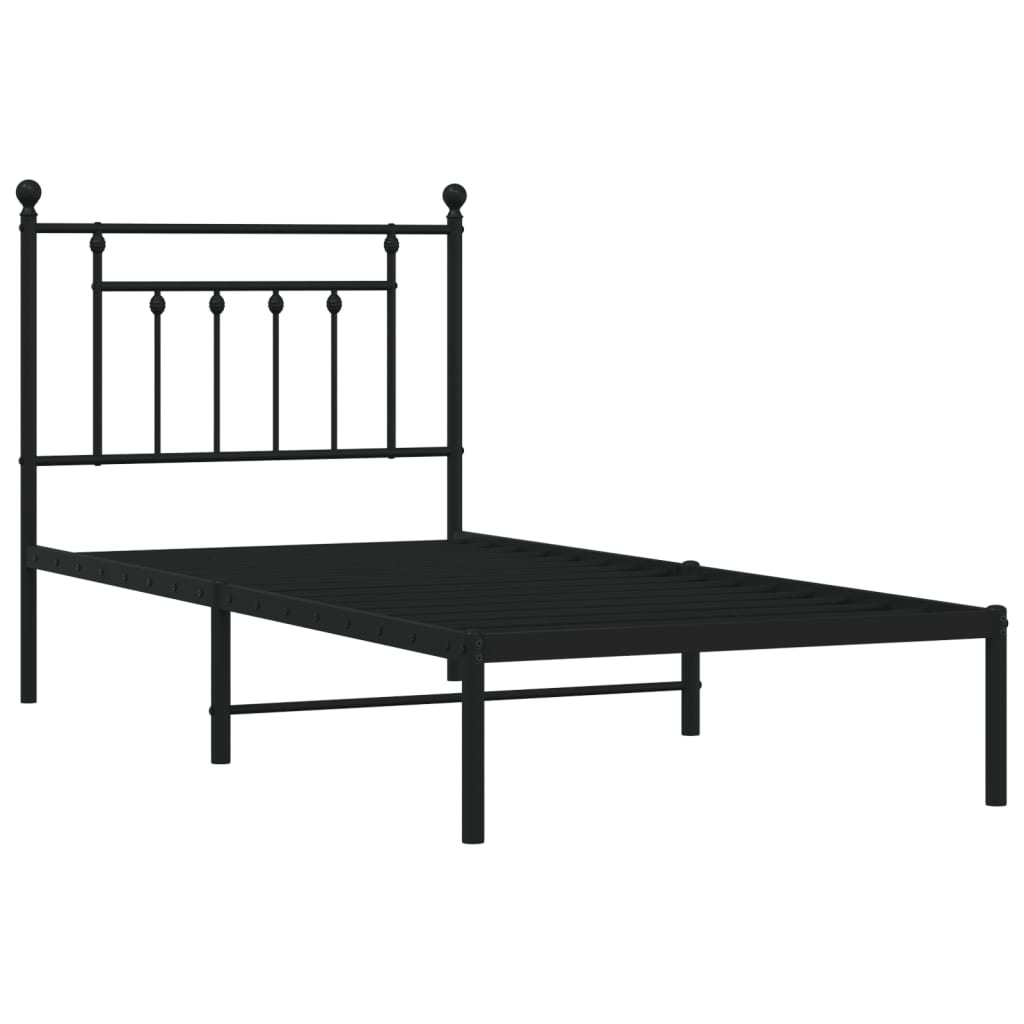 Black Metal Bed Frame with Headboard - 90x190cm, No Mattress