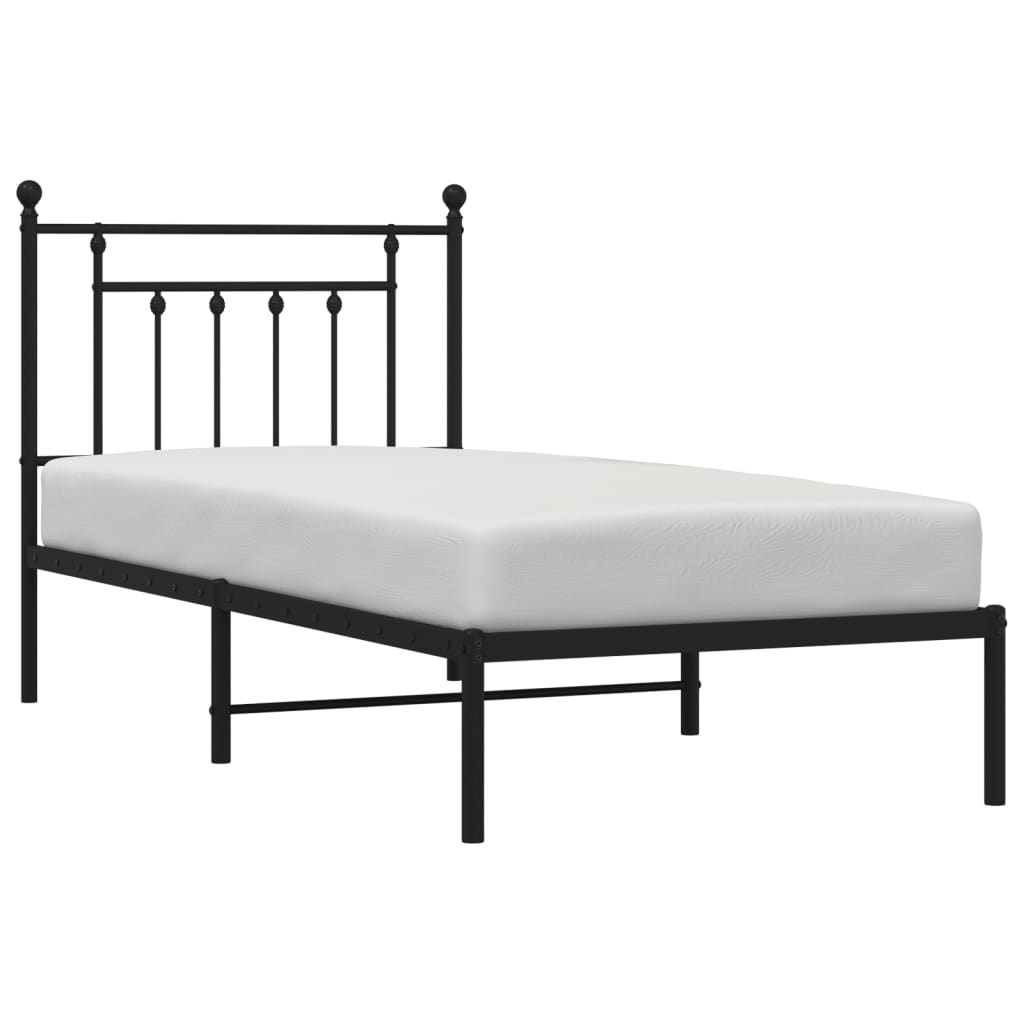 Black Metal Bed Frame with Headboard - 90x190cm, No Mattress