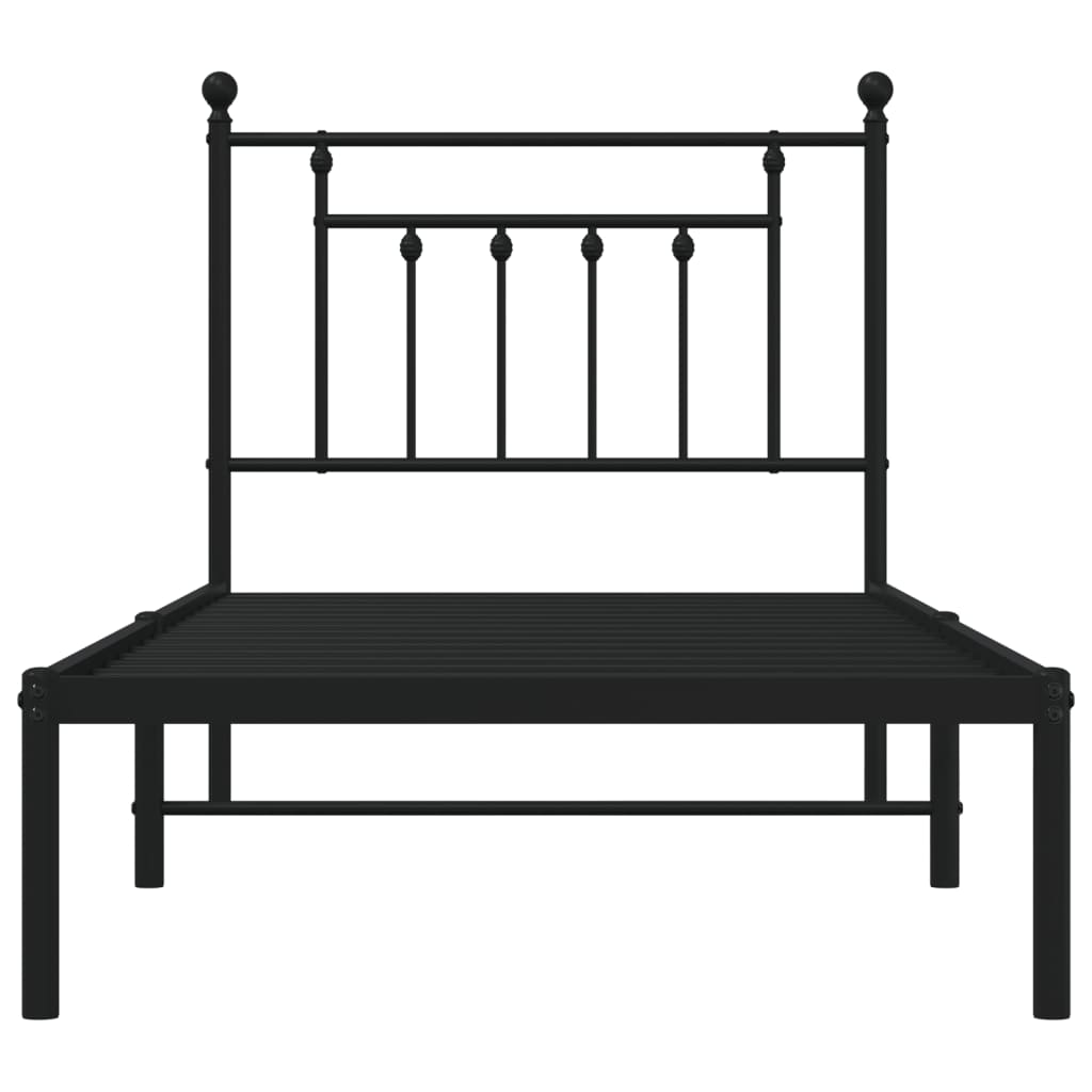 Black Metal Bed Frame with Headboard - 90x190cm, No Mattress