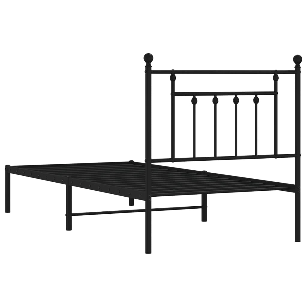 Black Metal Bed Frame with Headboard - 90x190cm, No Mattress