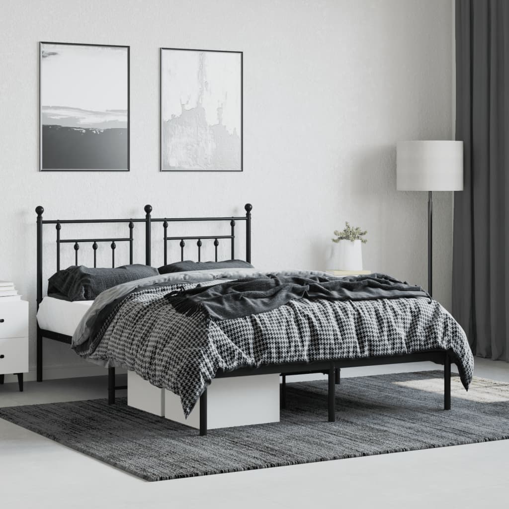Black Metal Bed Frame with Headboard - 140x190cm, No Mattress
