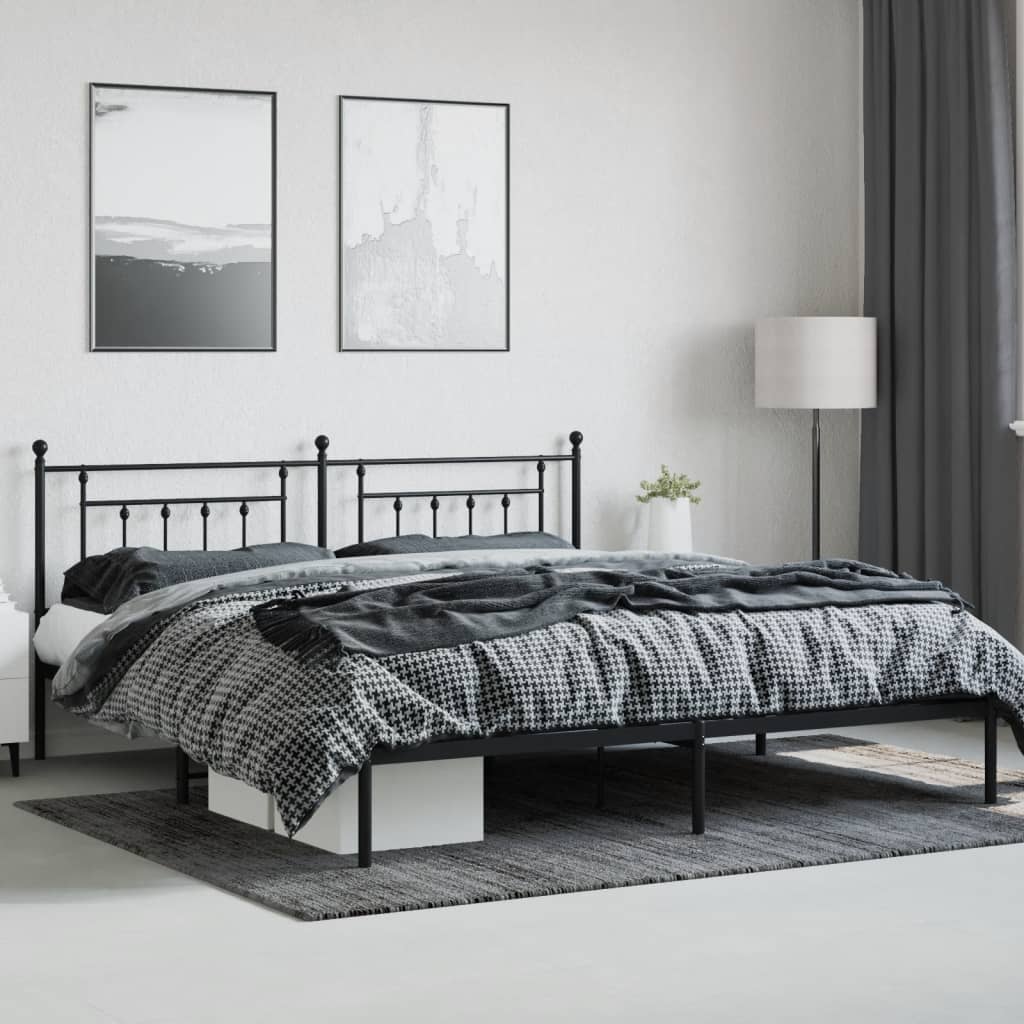Black Metal Bed Frame with Headboard - 200x200cm (Mattress Not Included)