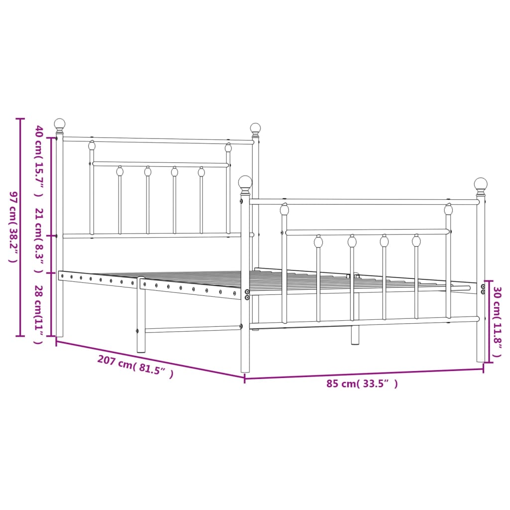 Black Metal Bed Frame with Footboard 80x200cm – No Mattress Included