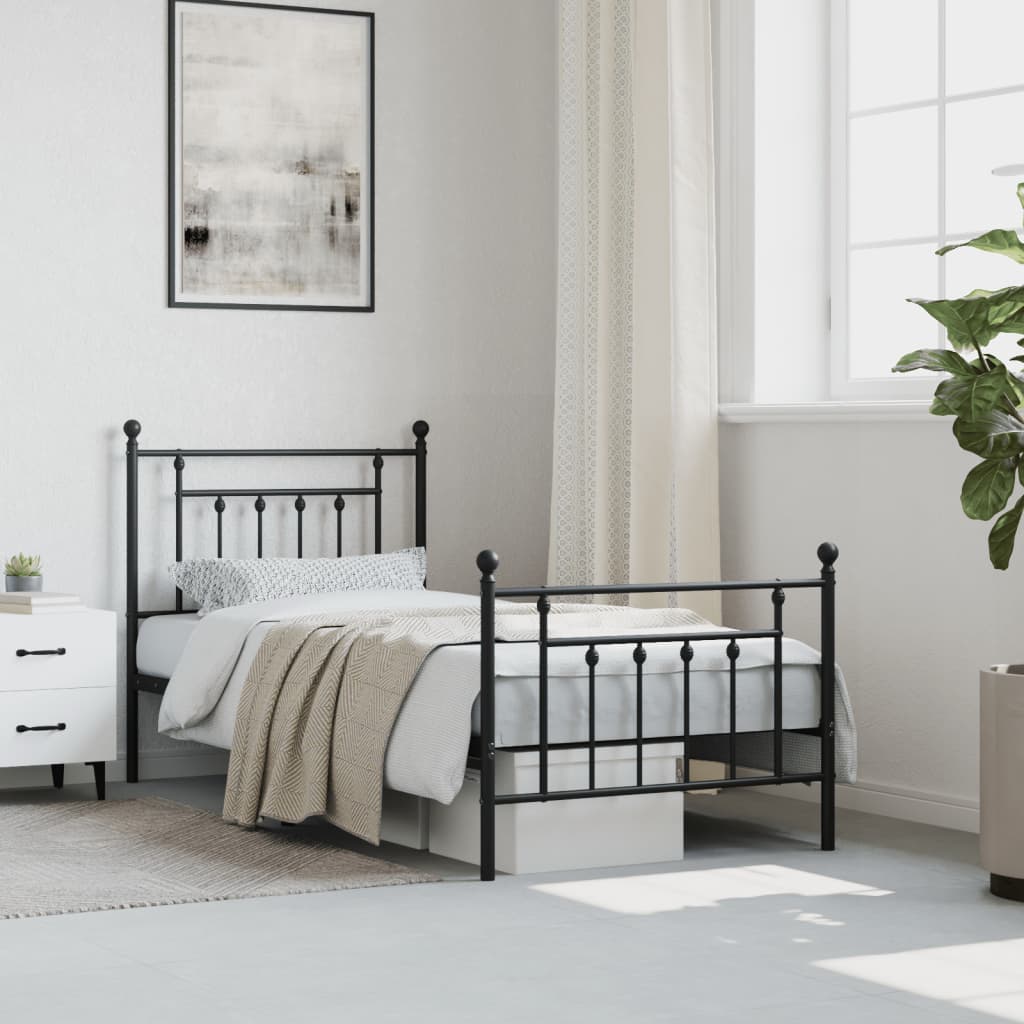 Stylish Black Metal Bed Frame with Footboard, 90x200cm