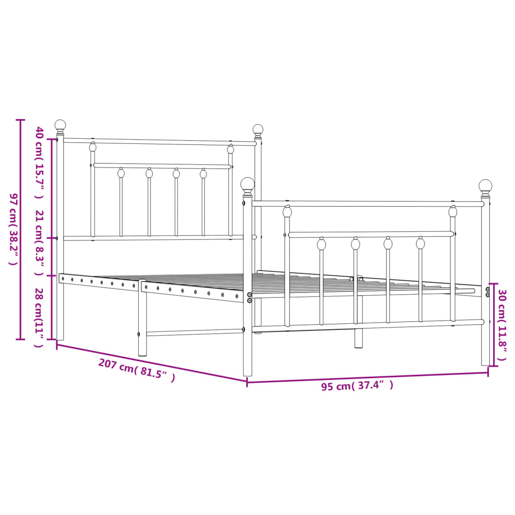 Stylish Black Metal Bed Frame with Footboard, 90x200cm