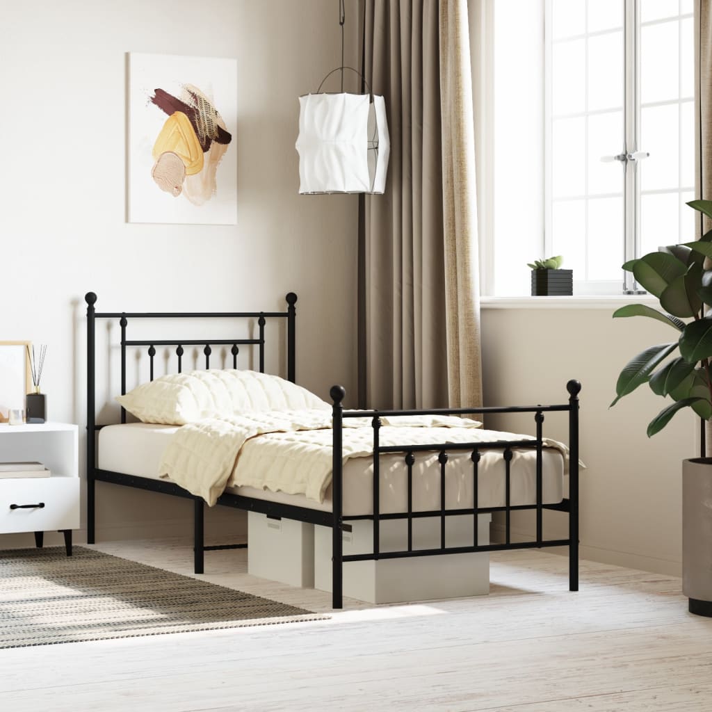 Stylish Black Metal Bed Frame with Footboard, 90x200cm