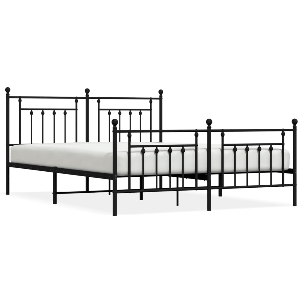 Black Metal Bed Frame with Footboard, 160x200cm, No Mattress
