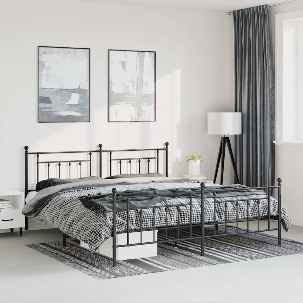 Black Metal Bed Frame with Footboard, 183x213cm, No Mattress Included