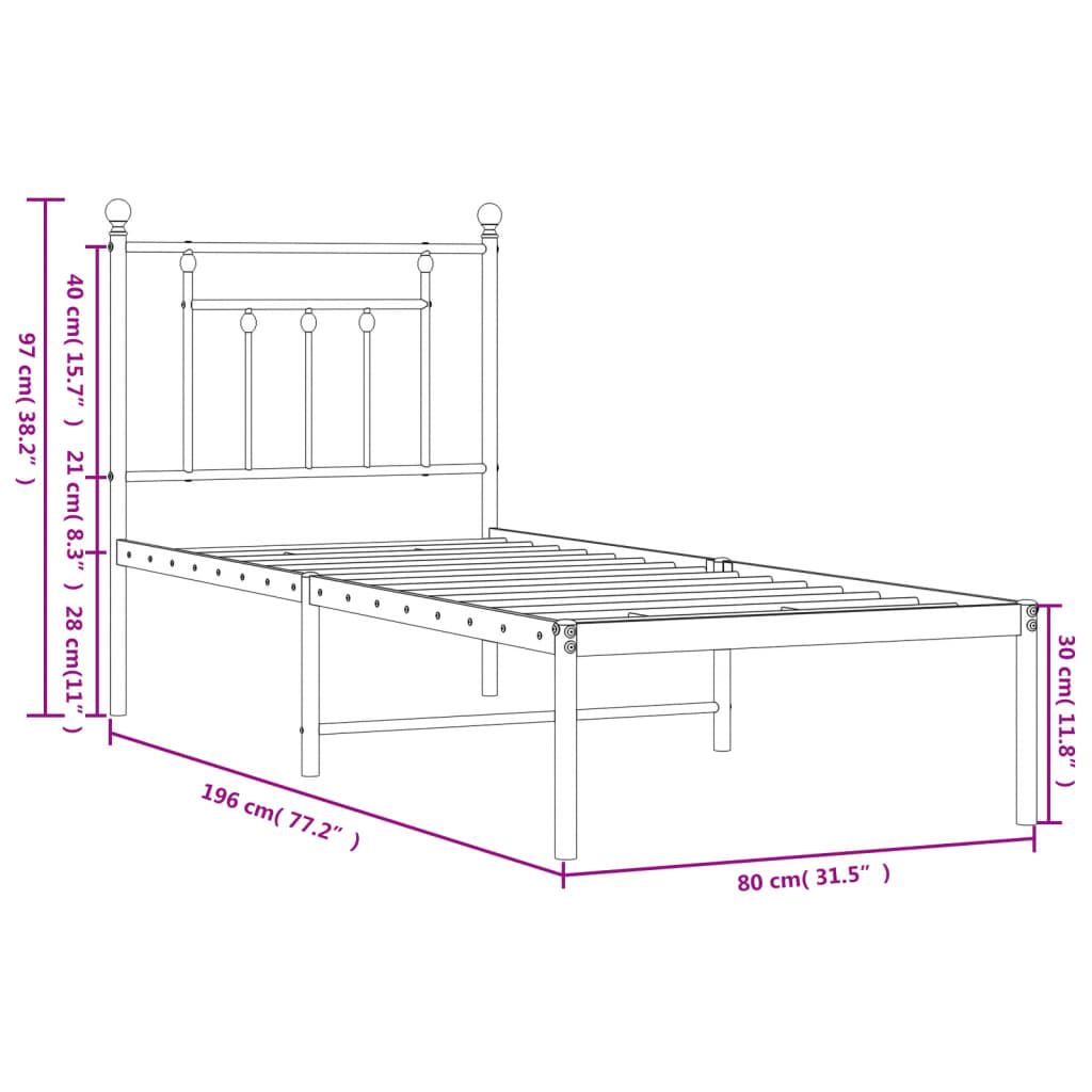 Metal Bed Frame without Mattress with Headboard White 75x190cm