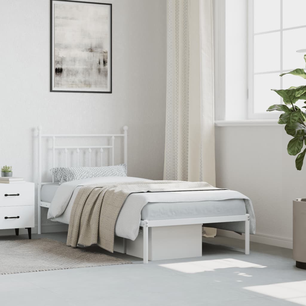 White Metal Bed Frame with Headboard 90x200cm - No Mattress