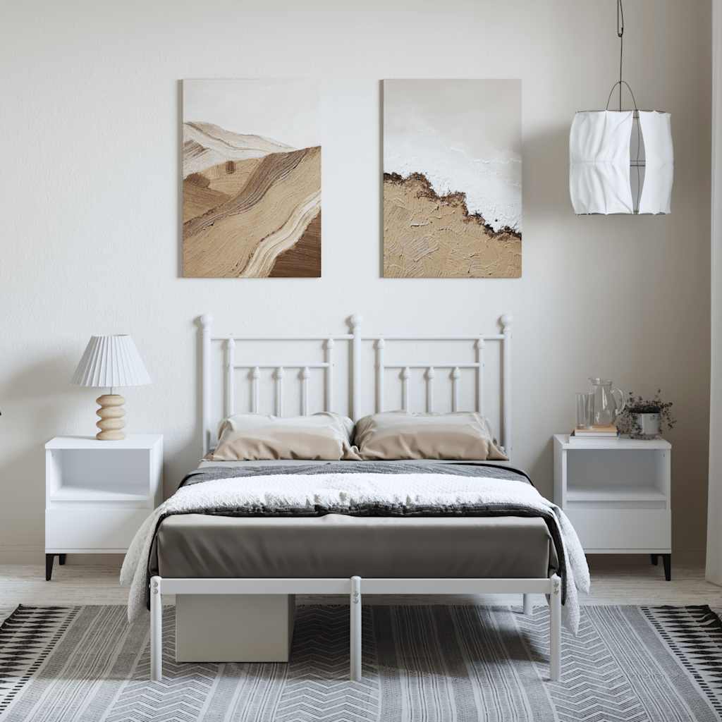 Elegant White Metal Bed Frame with Headboard, 135x190cm