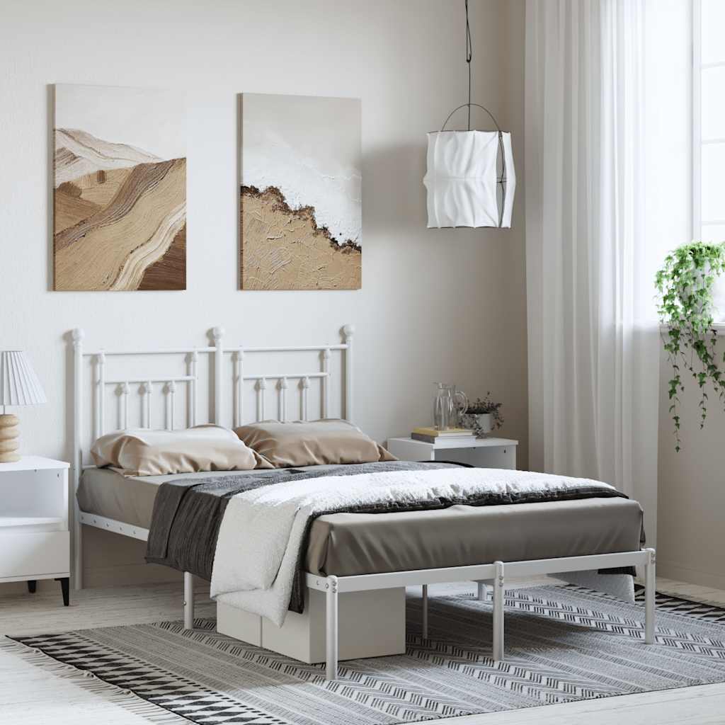 Elegant White Metal Bed Frame with Headboard, 135x190cm