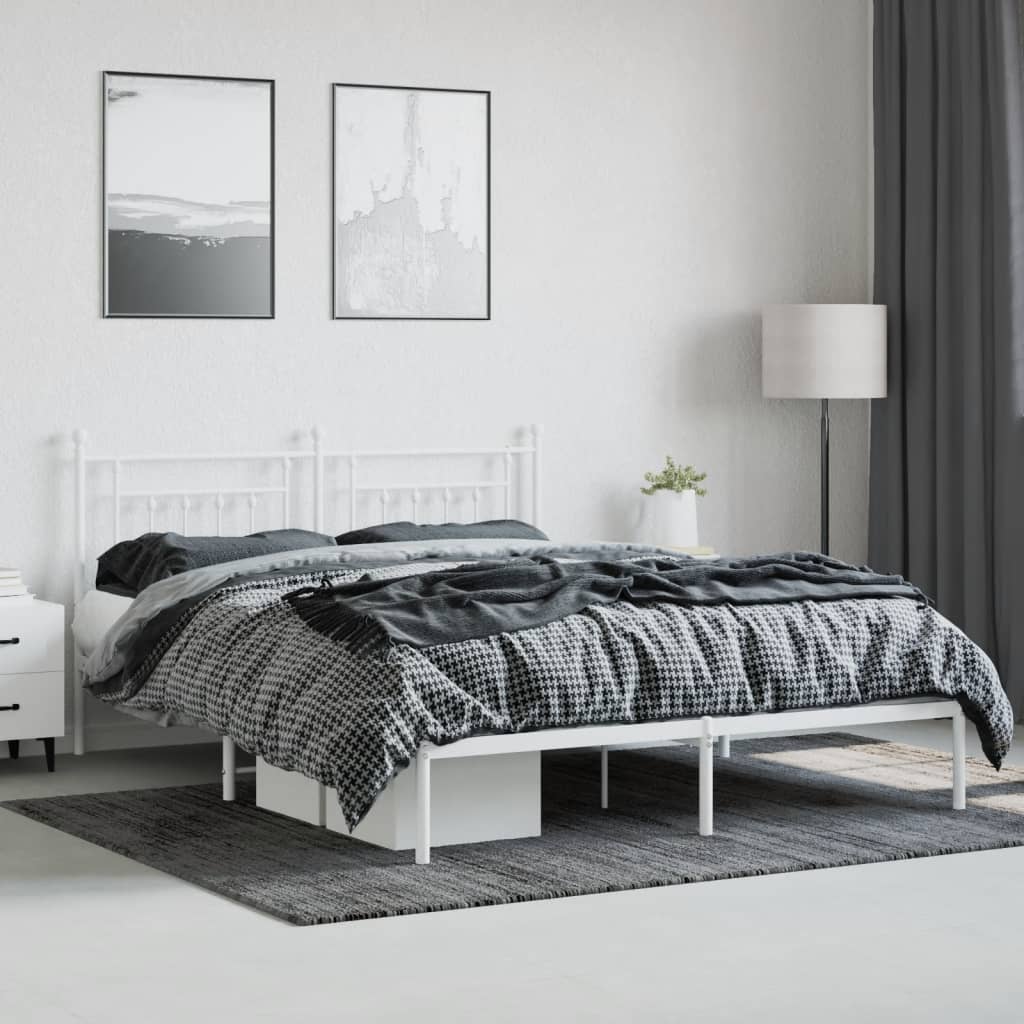 White Metal Bed Frame with Headboard 160x200cm - No Mattress