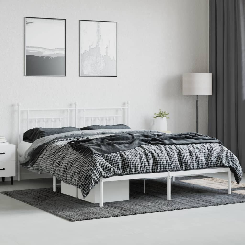 White Metal Bed Frame with Headboard, 180x200cm, Mattress Excluded
