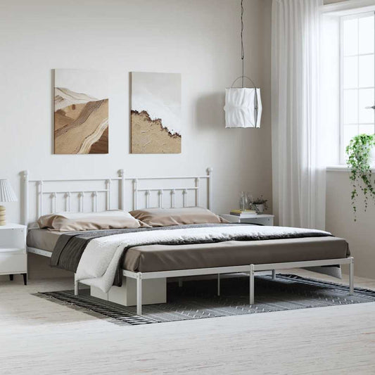 White Metal Bed Frame with Headboard - 193x203cm, Mattress Not Included