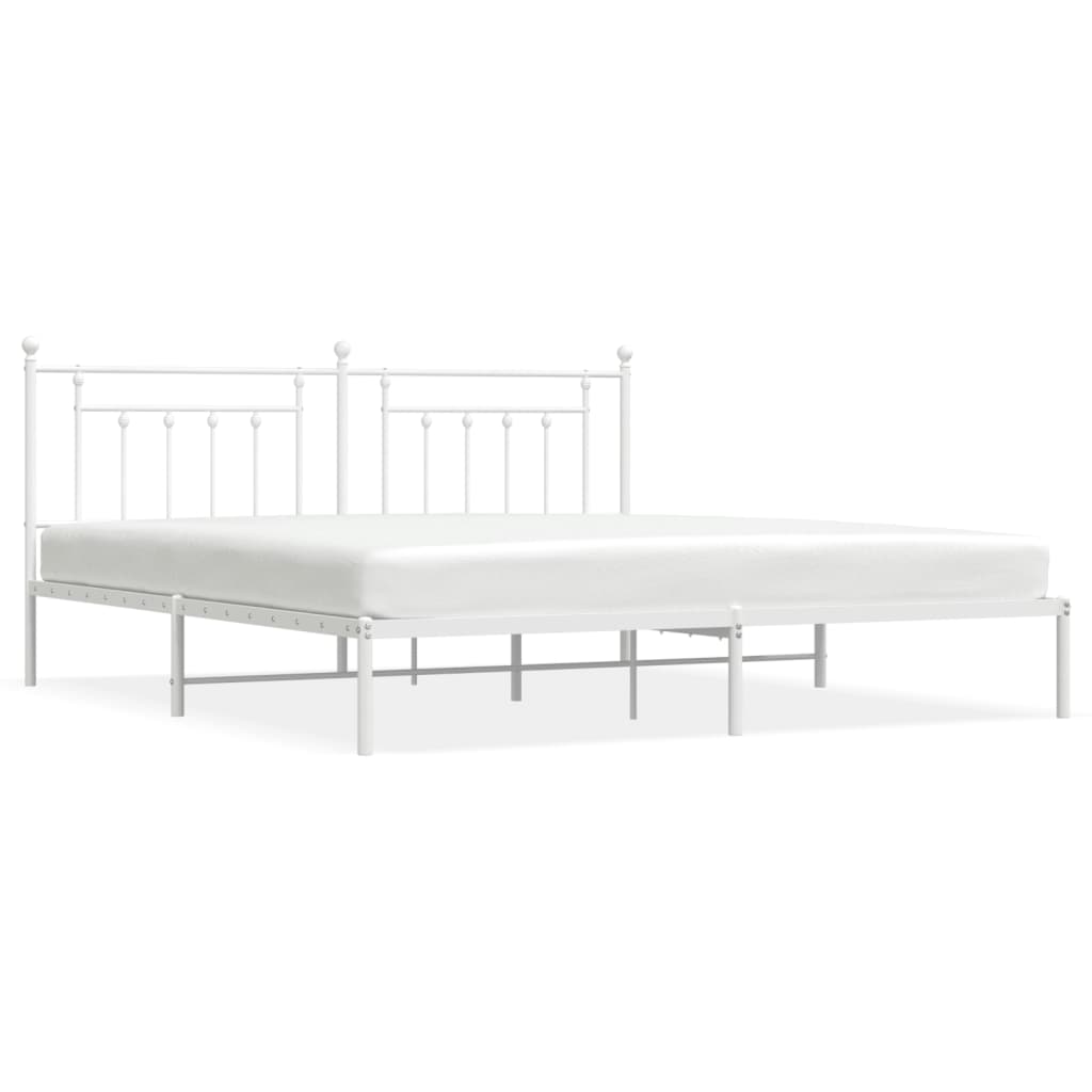 White Metal Bed Frame with Headboard - 200x200cm, No Mattress