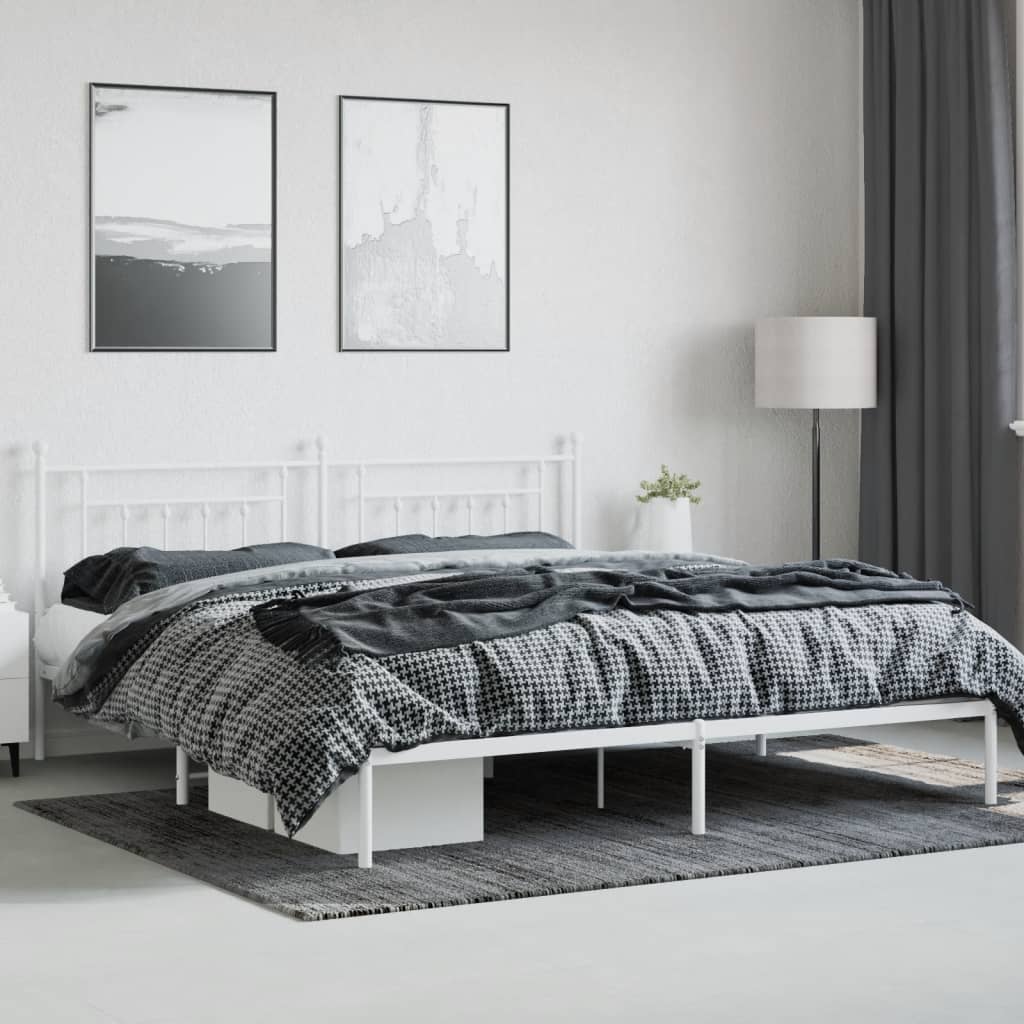 White Metal Bed Frame with Headboard - 200x200cm, No Mattress