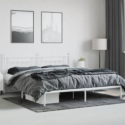 White Metal Bed Frame with Headboard - 200x200cm, No Mattress