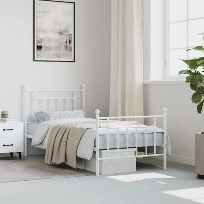White Metal Bed Frame with Footboard - 90x200cm, No Mattress