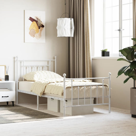 White Metal Bed Frame with Footboard - 90x200cm, No Mattress