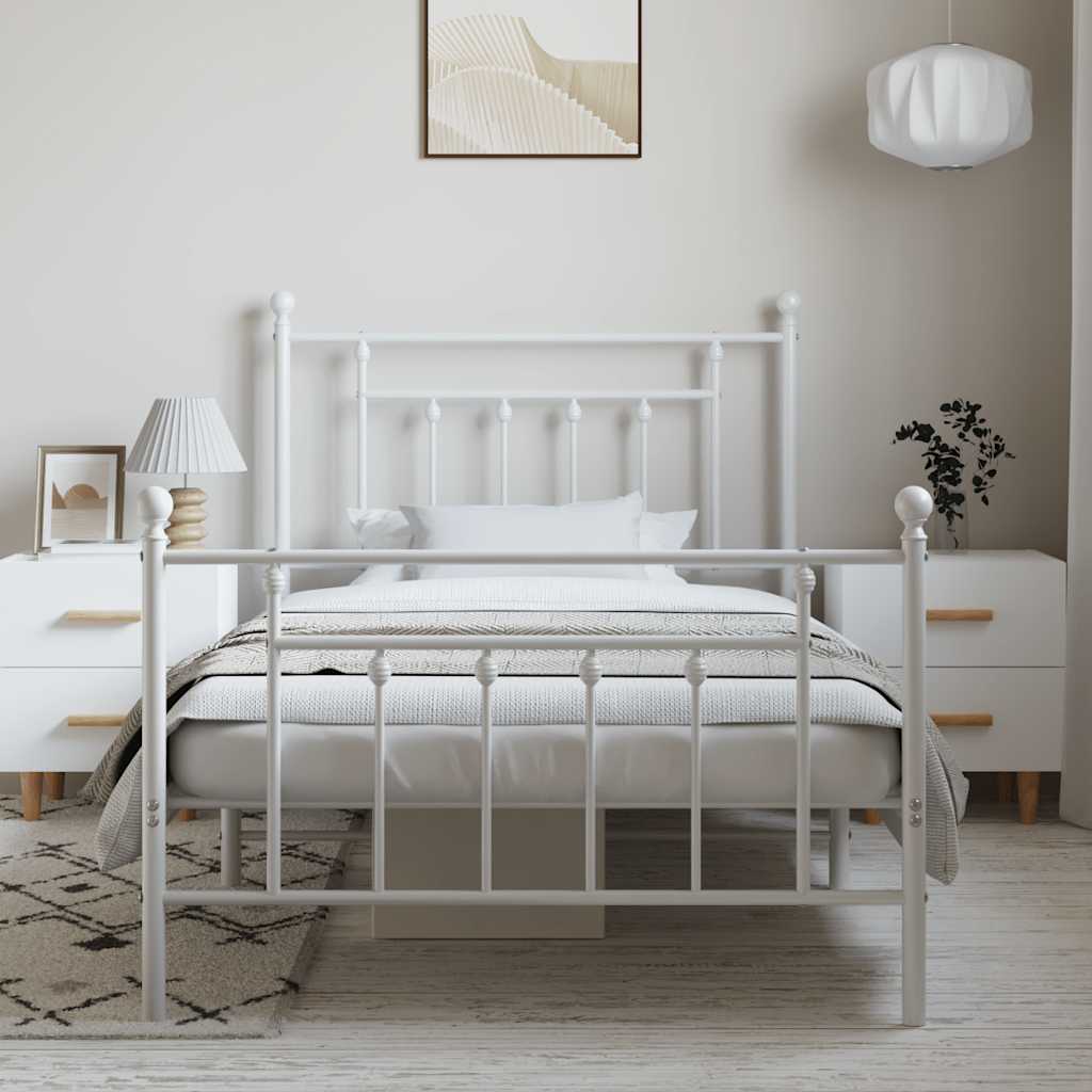 White Metal Bed Frame with Footboard, 100x190cm - No Mattress Included