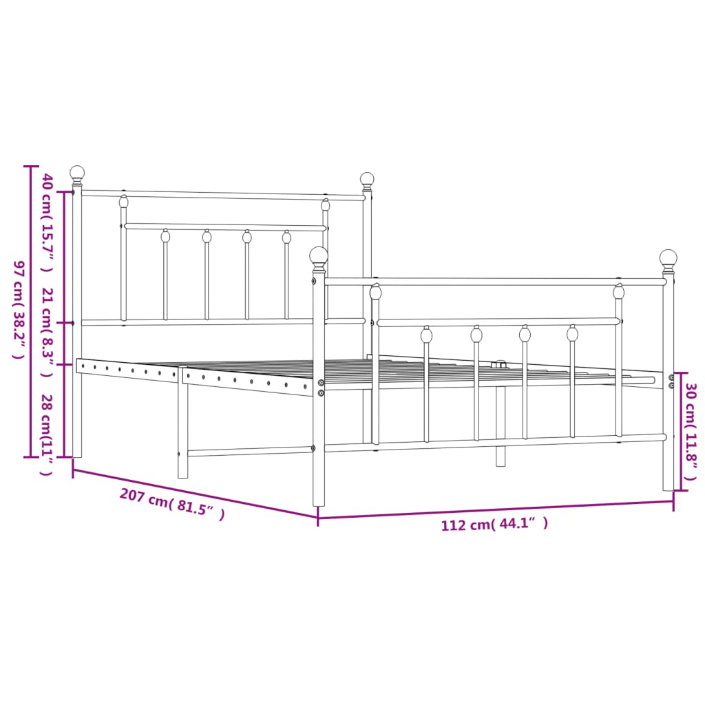 Metal Bed Frame without Mattress with Footboard White 107x203cm