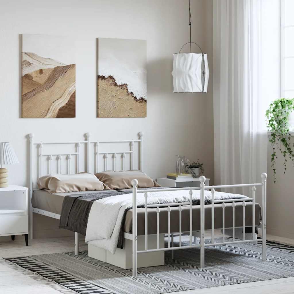 White Metal Bed Frame with Footboard 135x190cm - No Mattress Included