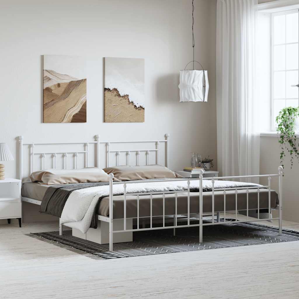 White Metal Bed Frame with Footboard - 193x203cm, No Mattress Included